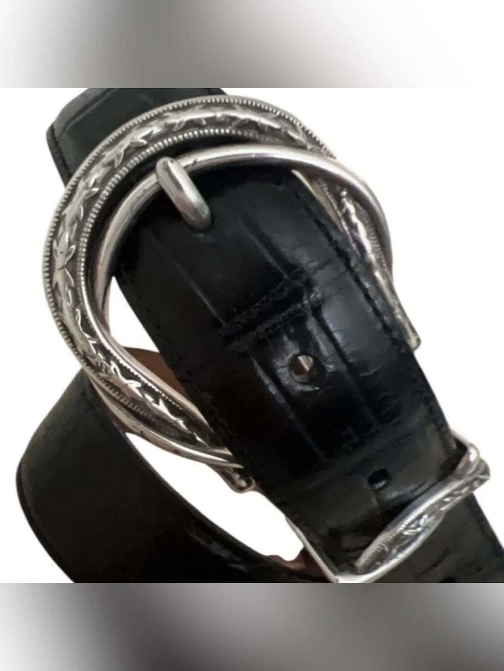 Brighton Womens Belt Black Croc Embossed Leather w Silver Barb Wire Buckle  L 34